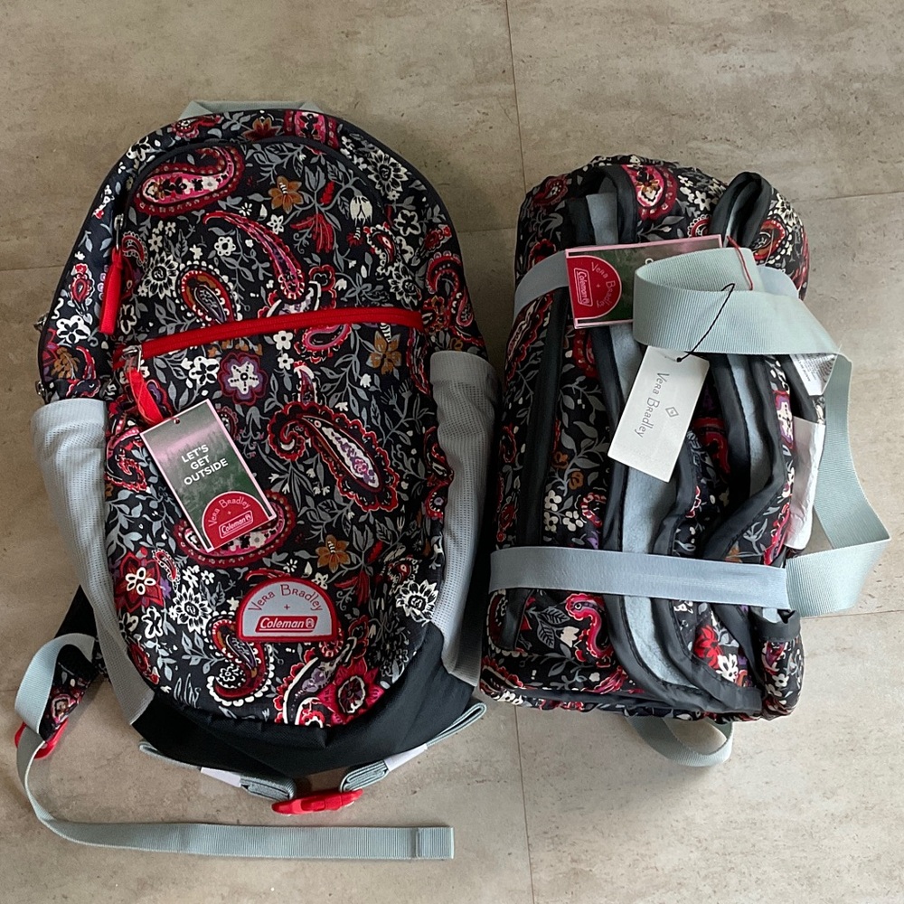 Vera Braldey matching Coleman Black Paisley Backpack and Camping Blanket